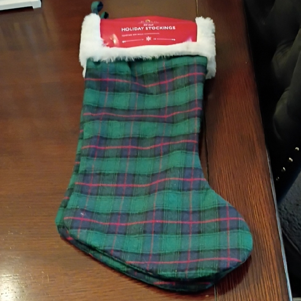 Classic Green and Red Plaid Holiday Stocking with White Fur Trim